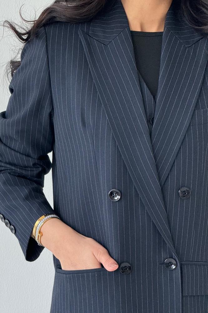 Navy blue padded abaya blazer with stripes