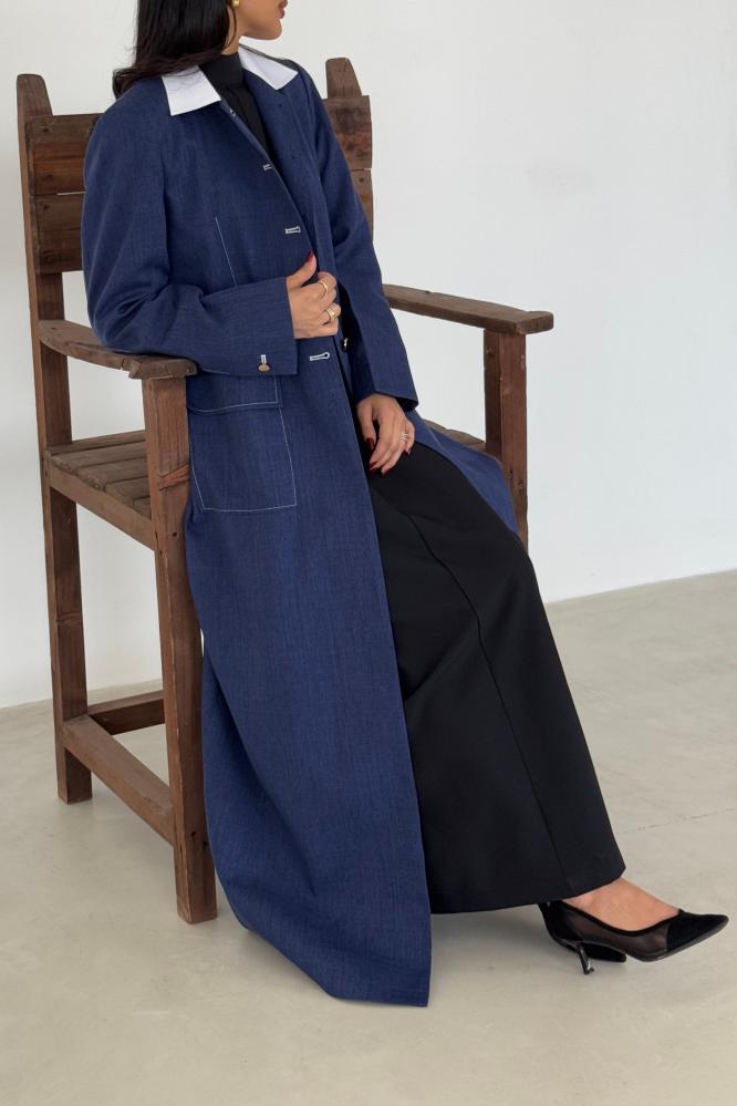Navy blue blazer abaya with gold bazaar collar contrasting high formal