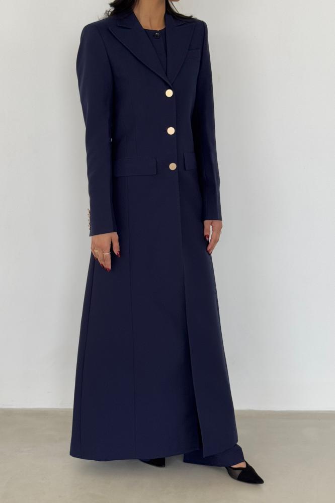 Classic navy blue blazer abaya with gold detailing