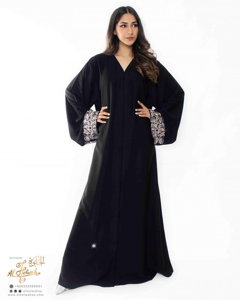 Japanese embroidered crepe sleeve open abaya