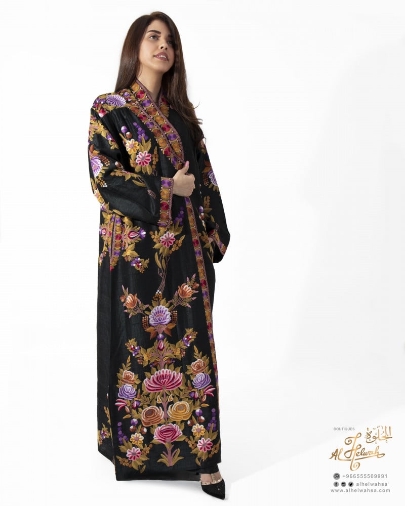 Kashmiri Hand Embroidery Silk Robe (Black)