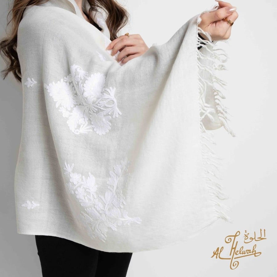 Multicolored machine embroidered Kashmiri shawl, 2m x 70cm