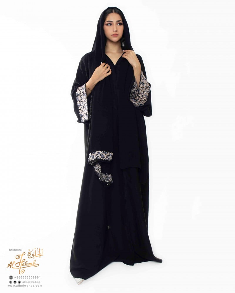 Japanese embroidered crepe sleeve open abaya