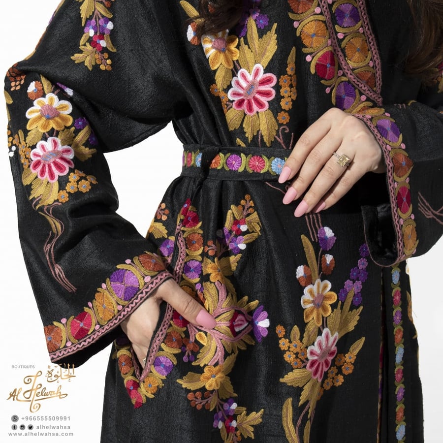 Kashmiri Hand Embroidery Silk Robe (Black)