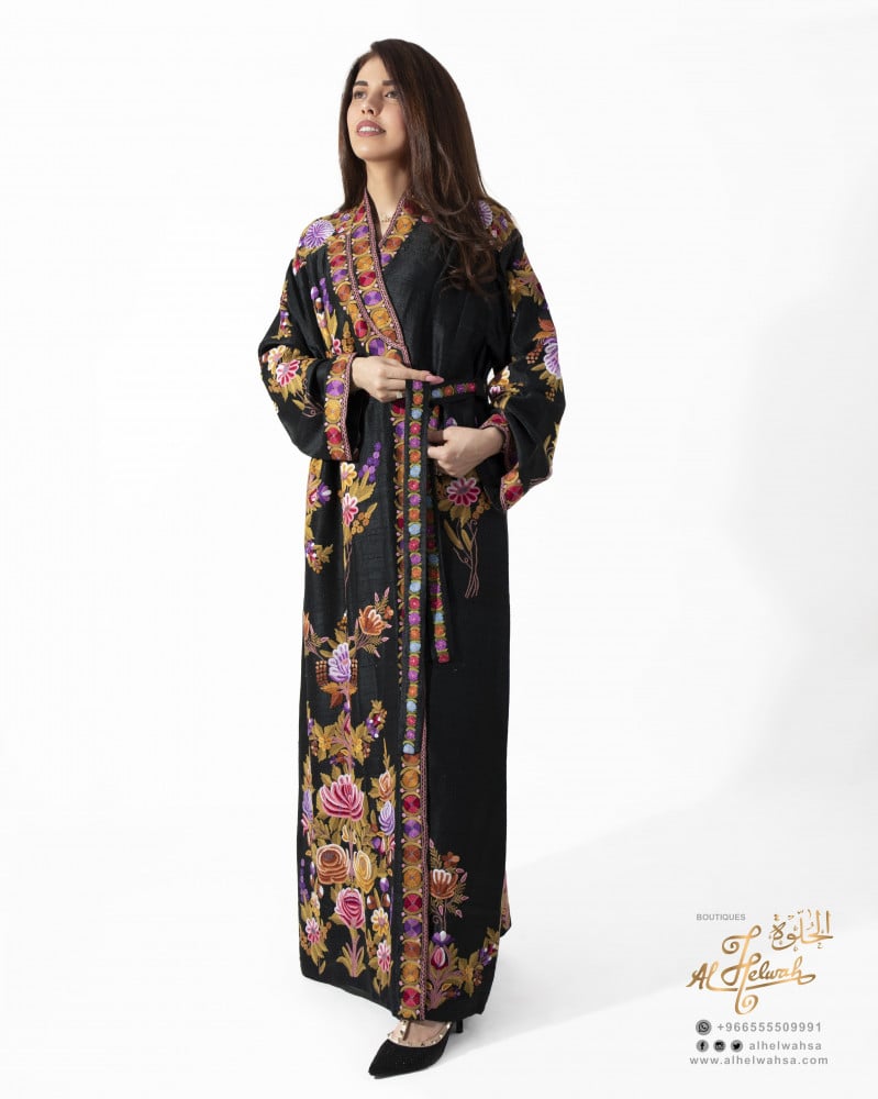Kashmiri Hand Embroidery Silk Robe (Black)