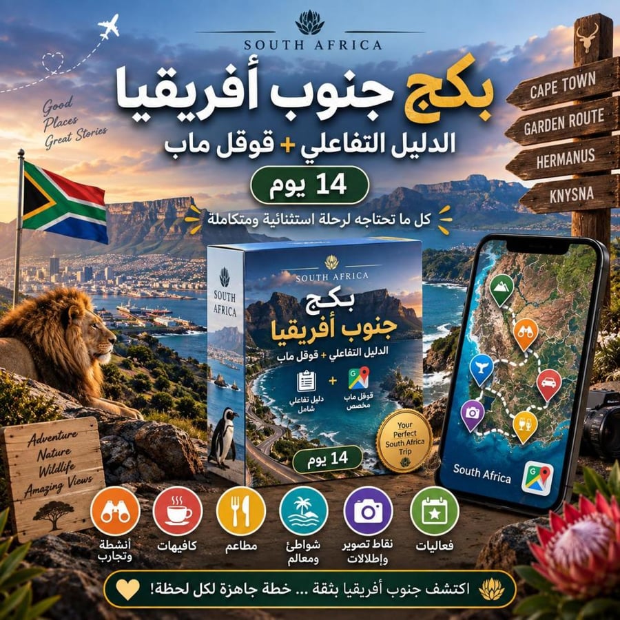 بكج جنوب افريقيا المتكامل | دليل تفاعلي + خريطة Google Maps