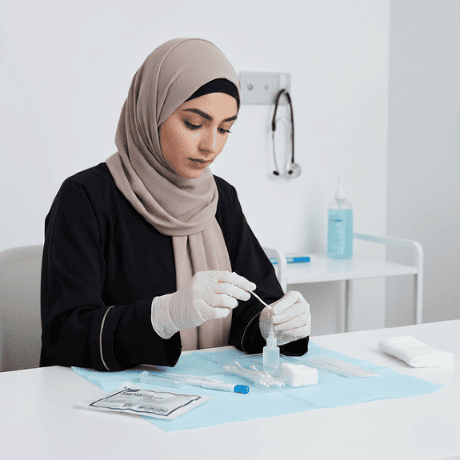 امرأة تستخدم طقم عناية أنبوب شق حنجري Medline Trach Care Set معقم