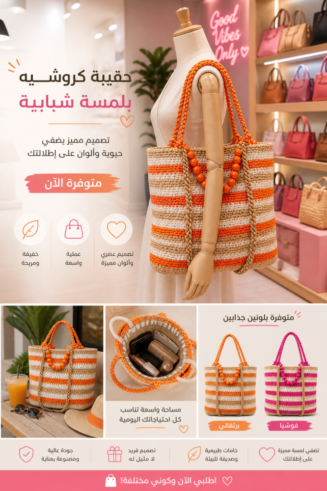 حقيبة كروشيه مصنوعة بعناية بتصميم يجمع بين البساطة والأناقة،
