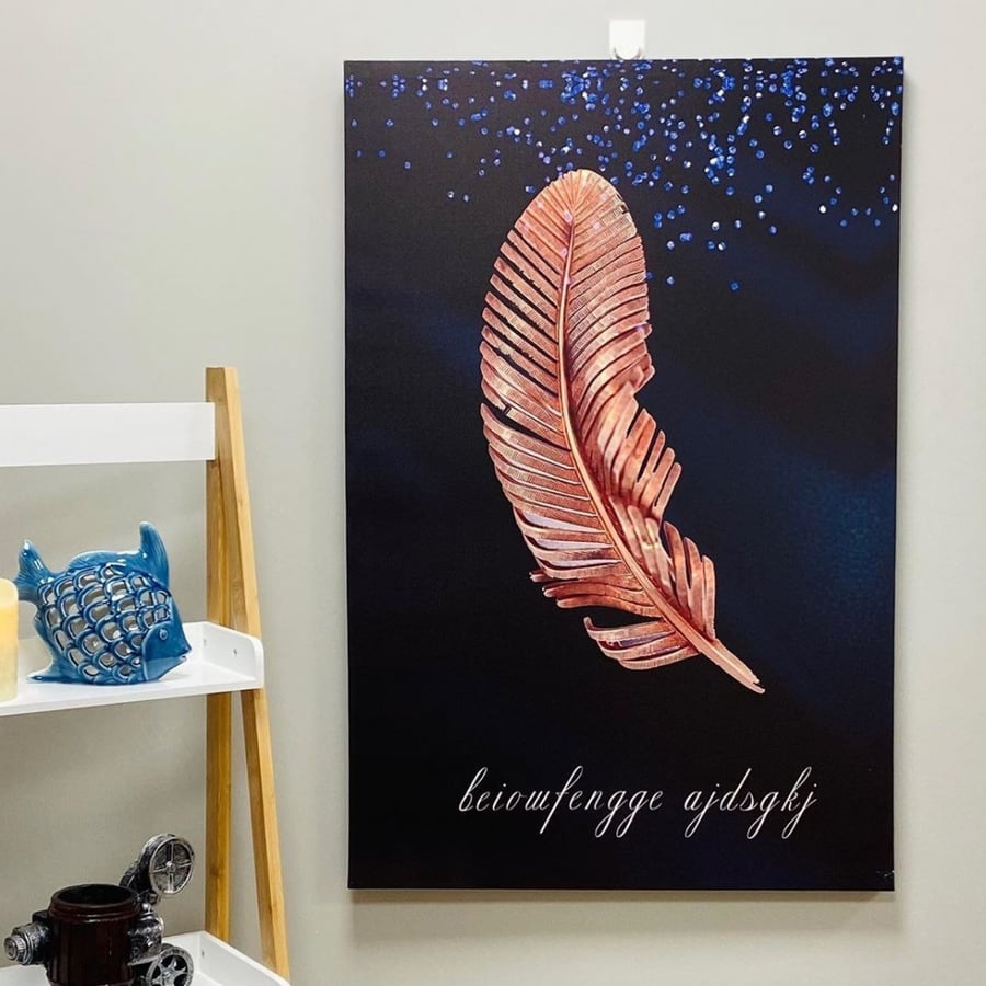 Canvas painting with a feather and wooden frame