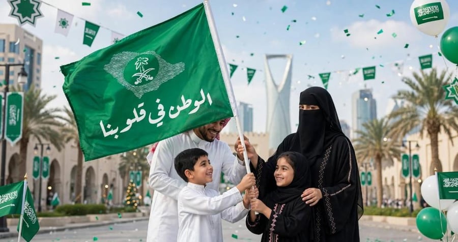 علم الوطن في قلوبنا السعودية مقاس90سم×65 مع عصا بلاستك