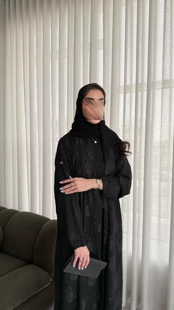 A practical A-line cut abaya with double-face design, lace face, and Blackberry.