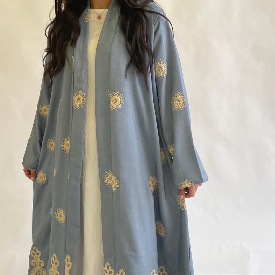 Light blue linen abaya embroidered / Ready size 56