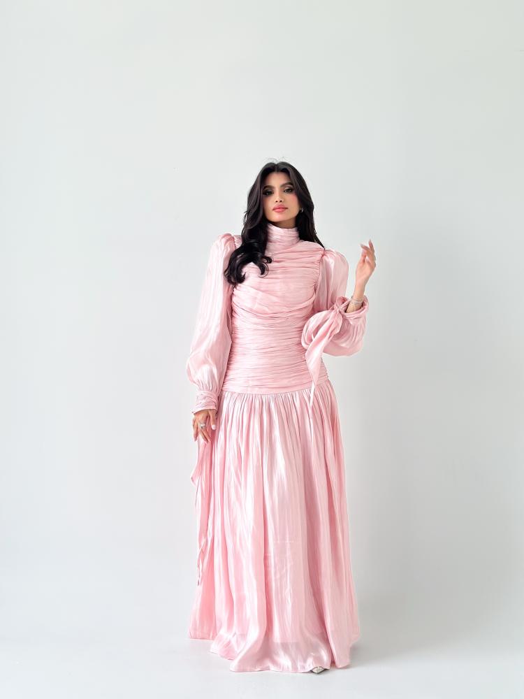فستان زهري ساتان بكسرات Pink Satin Pleated Dress
