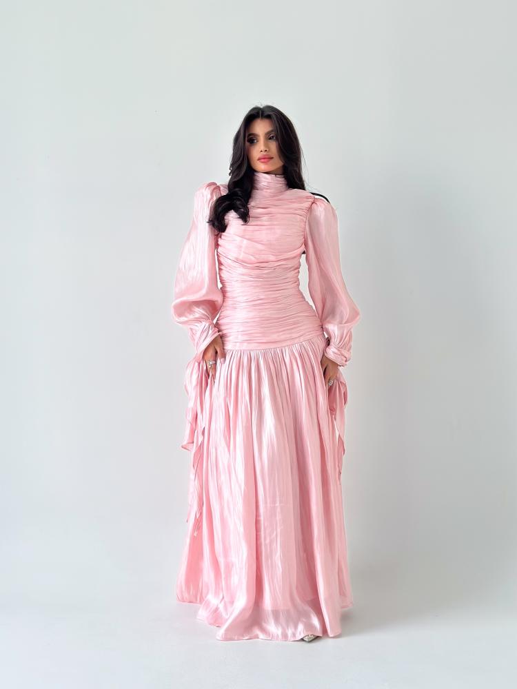 فستان زهري ساتان بكسرات Pink Satin Pleated Dress