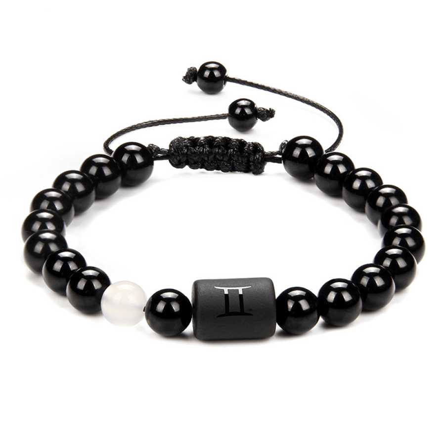 The zodiac bracelet with adjustable cord for women and men - black agate, embroidered with stones