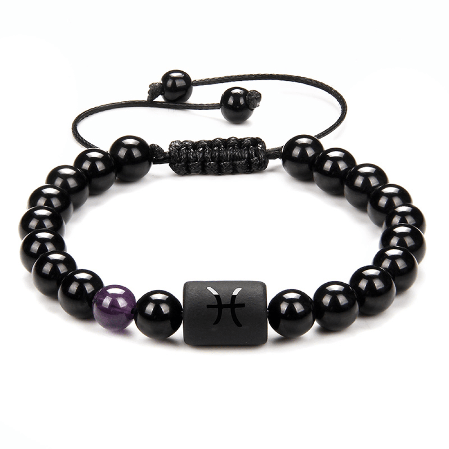 The zodiac bracelet with adjustable cord for women and men - black agate, embroidered with stones