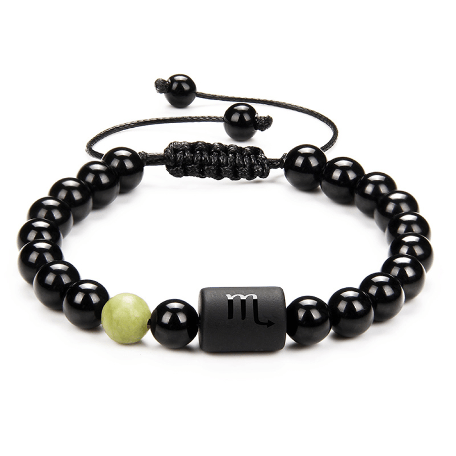 The zodiac bracelet with adjustable cord for women and men - black agate, embroidered with stones