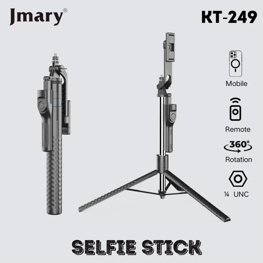 حامل ثلاثي Jmary KT-249عصا سيلفي ذكي بتتبع الوجه بالذكاء الاصطناعي، 1.8 متر، دوران 360 درجة، أسود