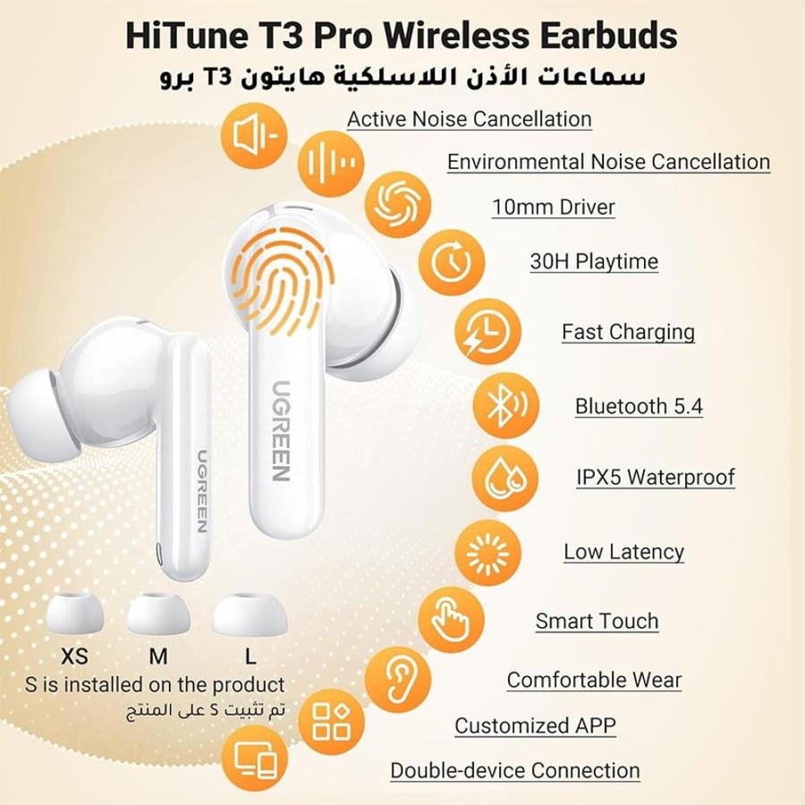 سماعة أذن يوجرين لاسلكية HiTune T3 Pro مع خاصية إلغاء الضوضاء النشط - أبيض