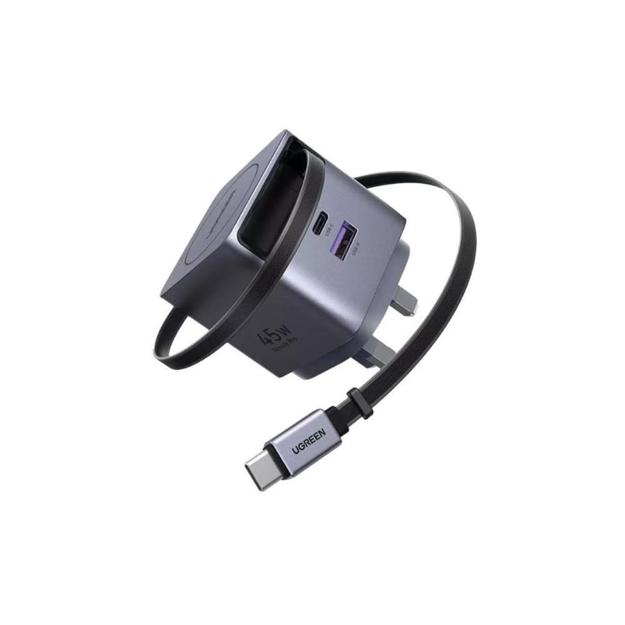 شاحن جداري يوجرين nexode pro بتقنية gan وسلك قابل للسحب وبمنفذ usb-c وبمنفذ usb وبقوة 45 واط - رمادي