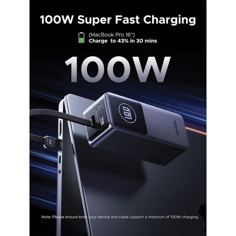 شاحن متنقل يوجرين NEXODE بسلك مدمج وبمنفذ USB-C ومنفذ USB بسعة 20000 مللي أمبير وبقوة 130 واط - رمادي