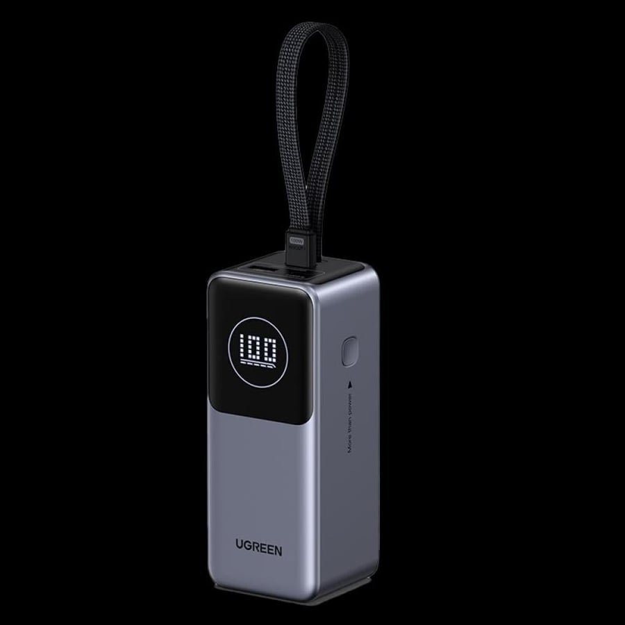 شاحن متنقل يوجرين NEXODE بسلك مدمج وبمنفذ USB-C ومنفذ USB بسعة 20000 مللي أمبير وبقوة 130 واط - رمادي