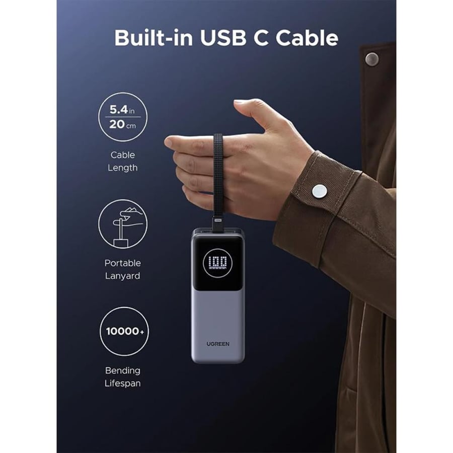 شاحن متنقل يوجرين NEXODE بسلك مدمج وبمنفذ USB-C ومنفذ USB بسعة 20000 مللي أمبير وبقوة 130 واط - رمادي