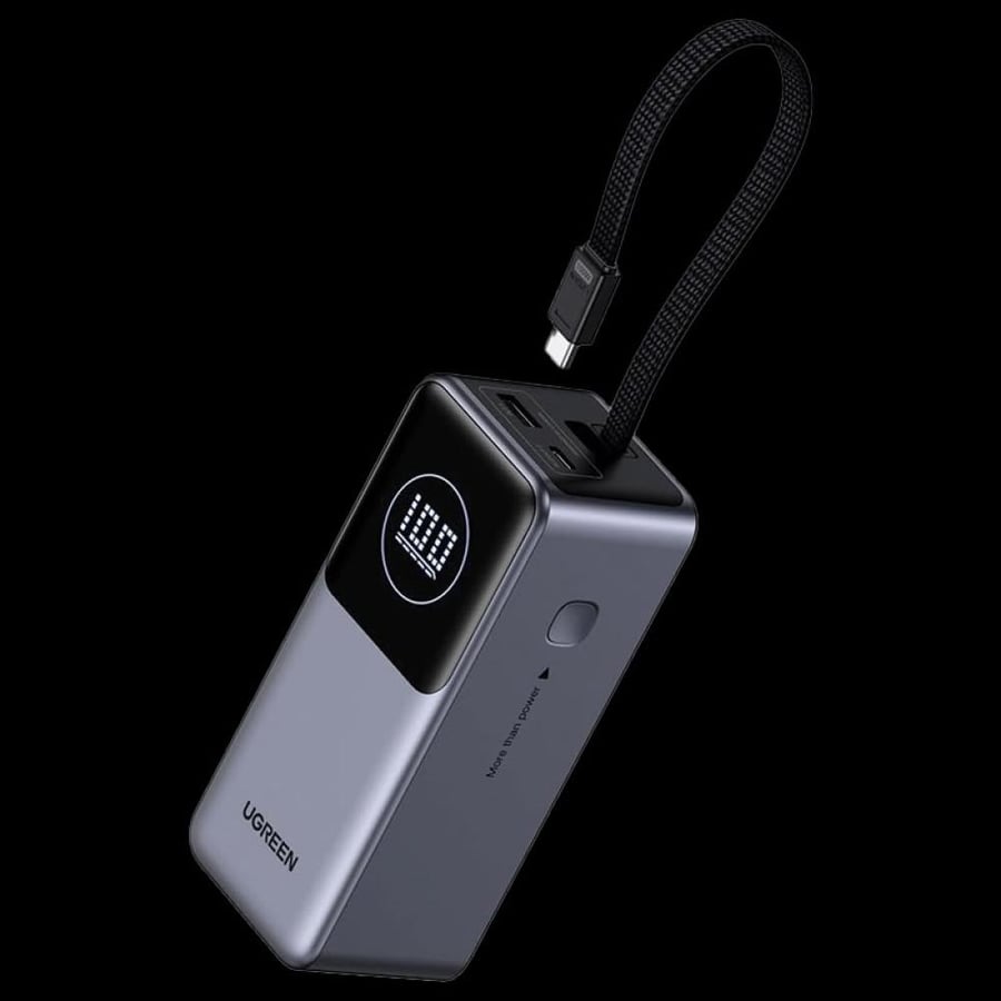 شاحن متنقل يوجرين NEXODE بسلك مدمج وبمنفذ USB-C ومنفذ USB بسعة 20000 مللي أمبير وبقوة 130 واط - رمادي
