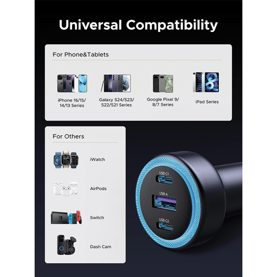 شاحن سيارة يوجرين سريع بمنفذين USB-C ومنفذ USB وبقوة 30 واط - رمادي