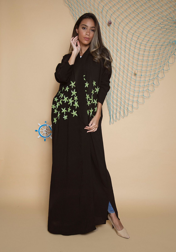 black with neon green star fish embroidery