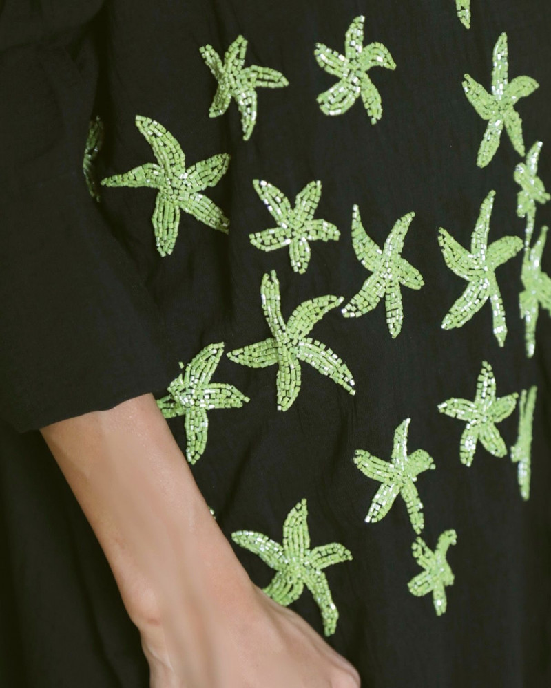 black with neon green star fish embroidery