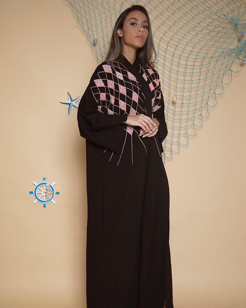 Black with peach fish net embroidery