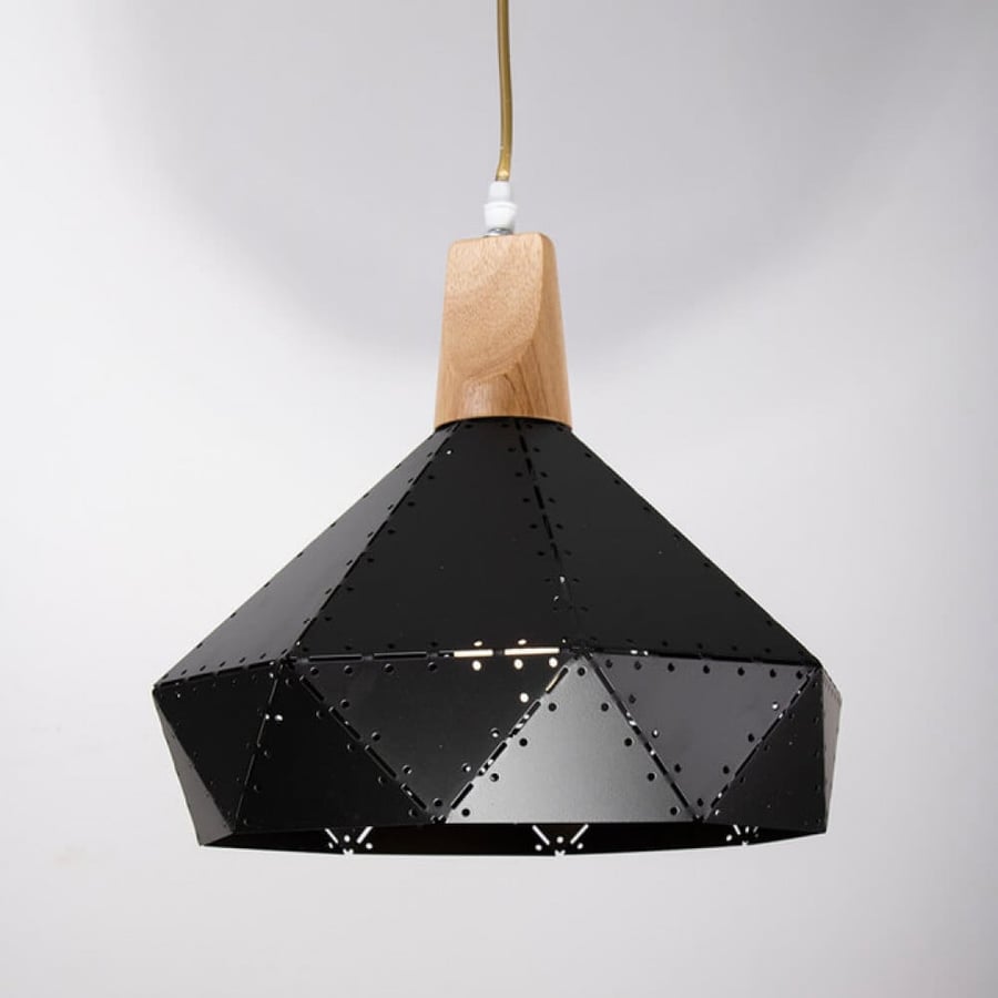Perforated iron hanger chandelier with wood base