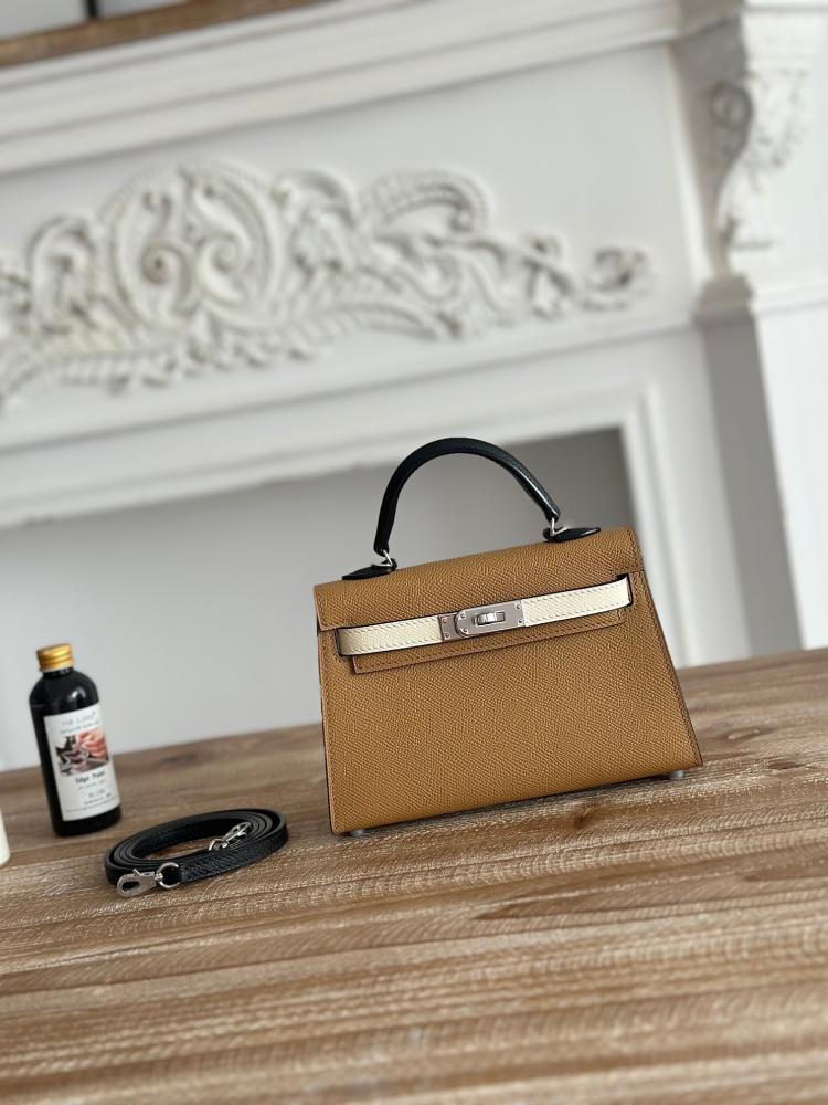 Hermes Mini Kelly II Bag 19cm - Caramel, Ecru & Black / Silver Hardware