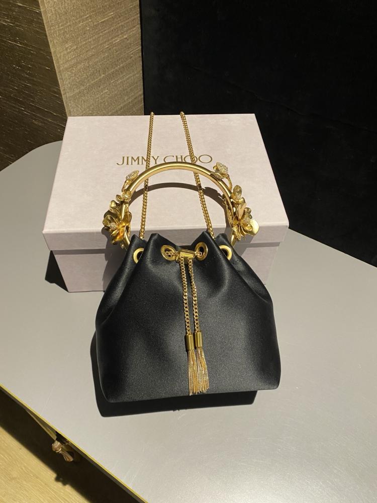 Jimmy Choo Floral Metal Handle Satin Bucket Bag