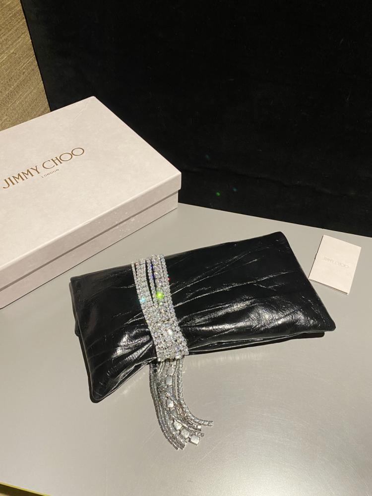 Jimmy Choo Crystal Fringe Crinkled Leather Clutch