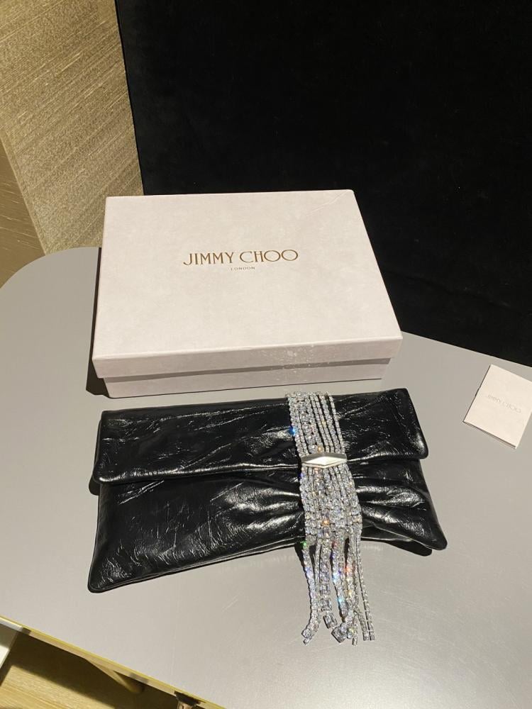 Jimmy Choo Crystal Fringe Crinkled Leather Clutch