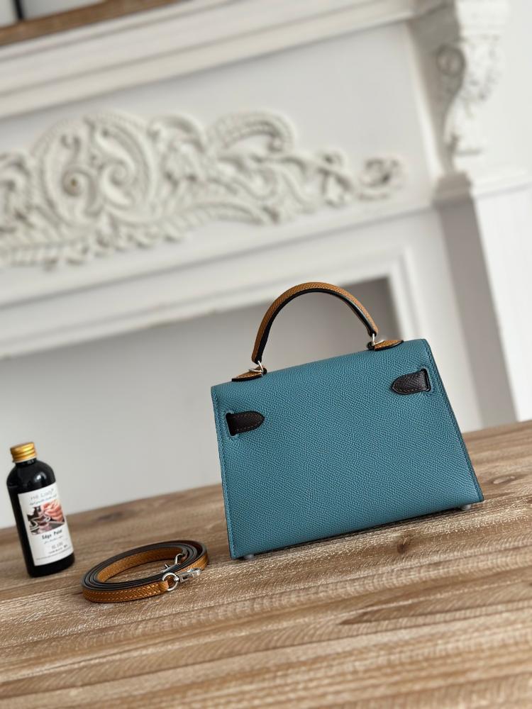 Hermes Mini Kelly II Bag 19cm - Blue Jean, Dark Brown & Caramel / Silver Hardware