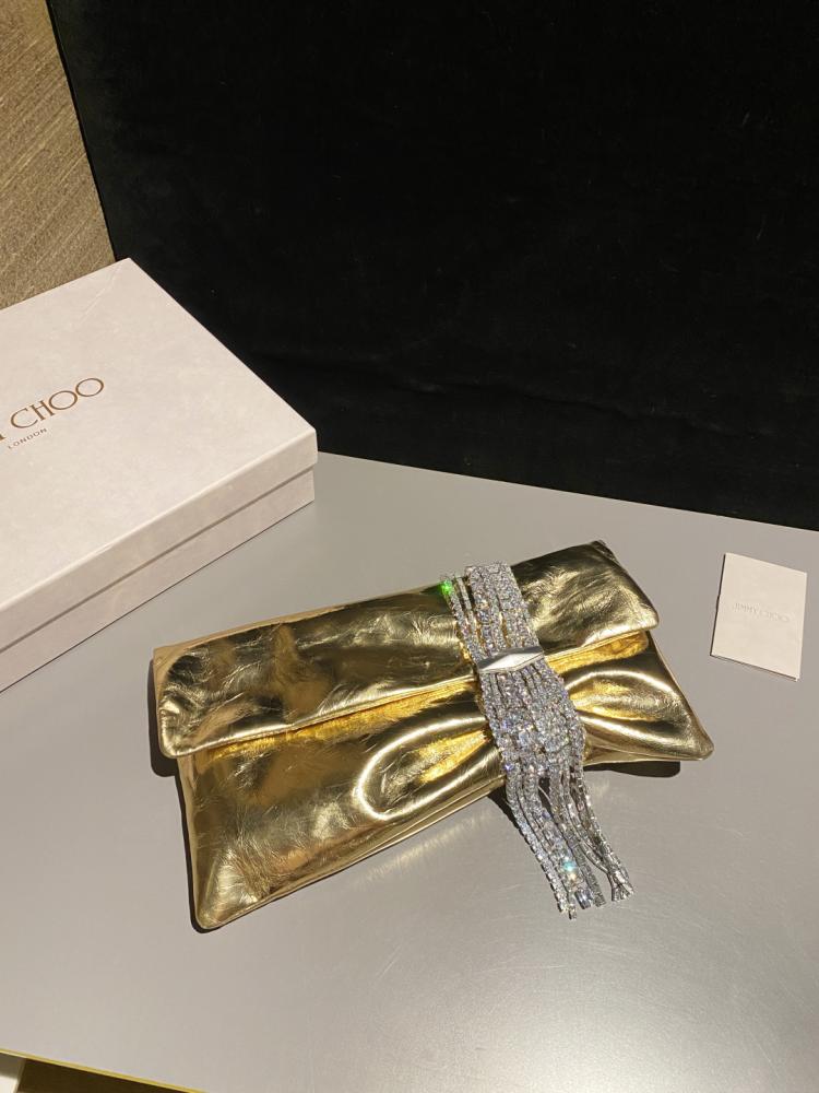 Jimmy Choo Crystal Fringe Crinkled Leather Clutch