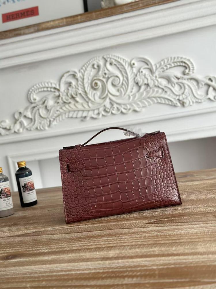Hermes Kelly Mini Pochette 22cm - Burgundy / Silver Hardware