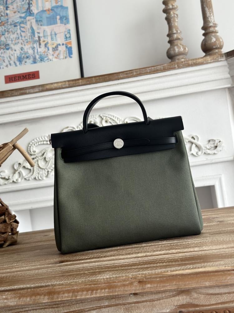 Hermes Herbag Zip Bag 31cm - Khaki Green & Black