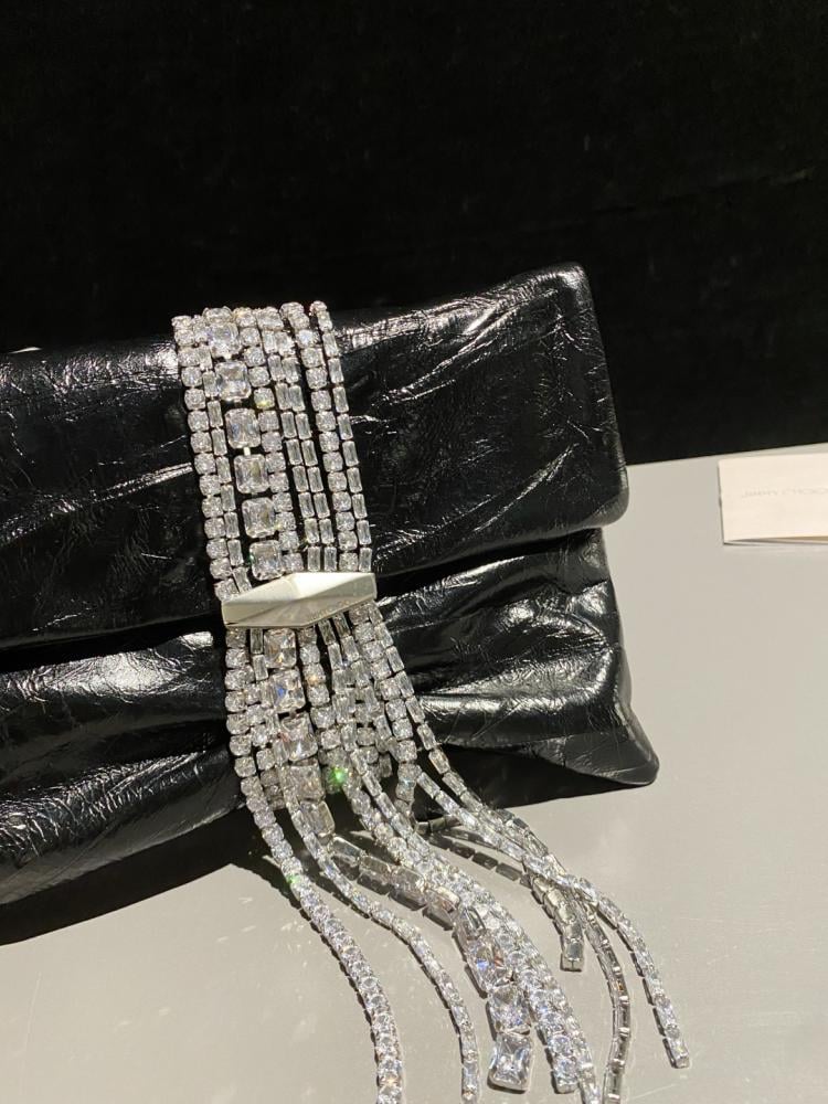 Jimmy Choo Crystal Fringe Crinkled Leather Clutch