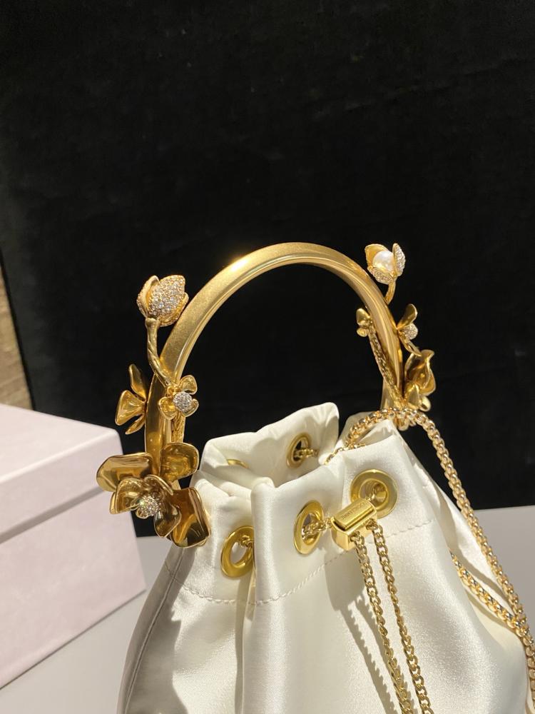 Jimmy Choo Floral Metal Handle Satin Bucket Bag