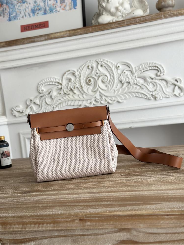 Hermes Mini Herbag Bag 20cm - Ecru Toile & Brown / Silver Hardware