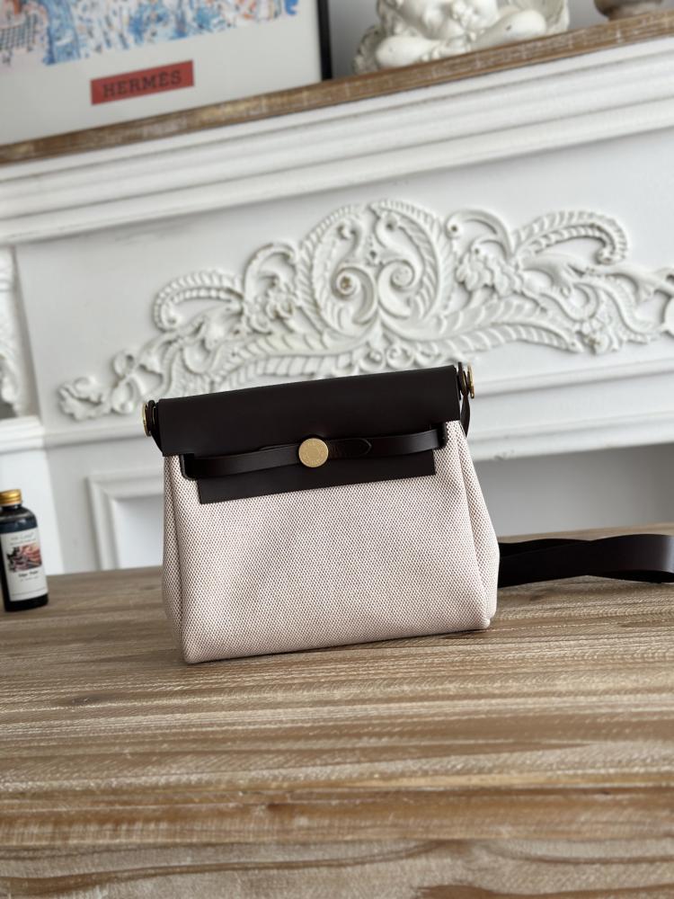 Hermes Mini Herbag Bag 20cm - Ecru Toile & Dark Brown / Gold Hardware