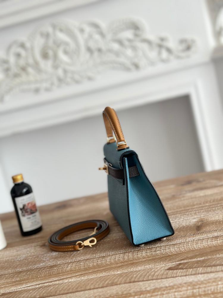 Hermes Mini Kelly II Bag 19cm - Blue Jean, Dark Brown & Caramel / Gold Hardware