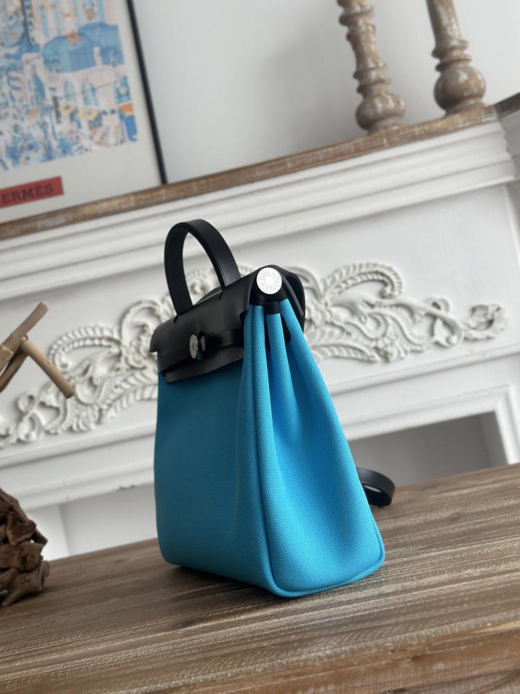 Hermes Herbag Zip Bag 31cm - Turquoise Blue & Black