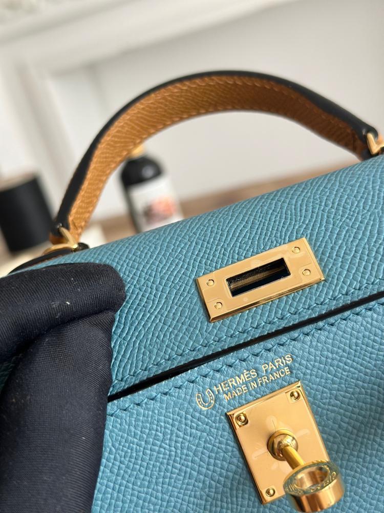 Hermes Mini Kelly II Bag 19cm - Blue Jean, Dark Brown & Caramel / Gold Hardware