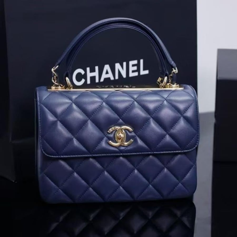Chanel Quilted Top Handle Flap Bag with Metal Plate