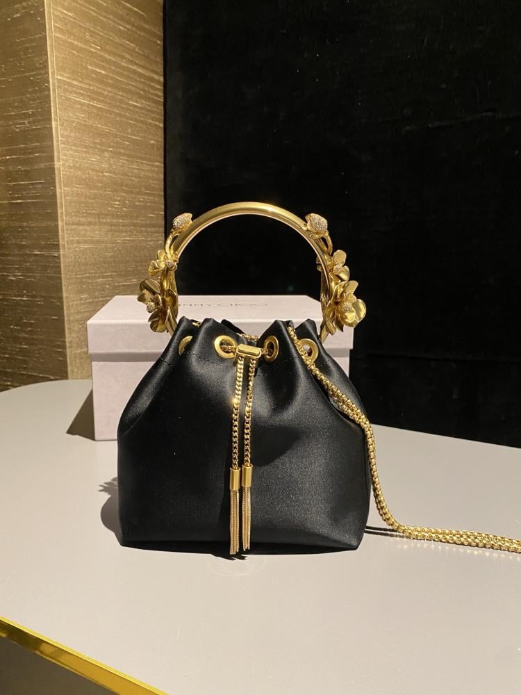 Jimmy Choo Floral Metal Handle Satin Bucket Bag